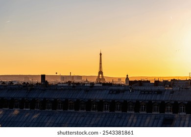 View of Paris and Eiffel Tower and rooftops from above. Beautiful sunset over Paris, France. High quality photo