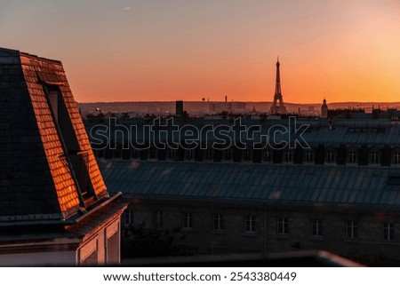 View of Paris and Eiffel Tower and rooftops from above. Beautiful sunset over Paris, France. High quality photo