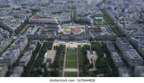 View of Paris out of Eiffel Towel, down the Champs de Mars, Paris, France.Ttilt shift effect.