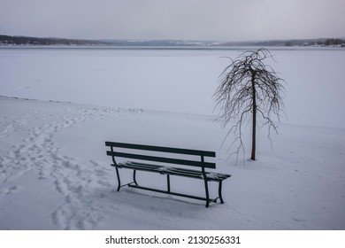 A View Of A Park Bench And Small Tree Overlooking A Frozen Skaneateles Lake, One Of New York State's Finger Lakes, During The Winter Months With Footprints In The Snow Nearby. 