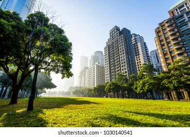 View of a park in the downtown area of Taichung in Taiwan