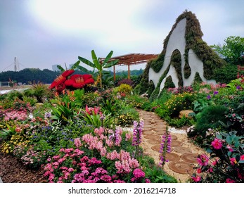 View Of The Park In Guangzhou. Road Among Colorful Flowers. Beautiful Flower Beds. China. Asia