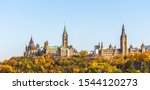 A view of Parliament Hill in Ottawa, Canada from the West shows the famous landmarks at this historic site, including the library and Peace Tower of Centre Block and Mackenzie Tower of West Block.