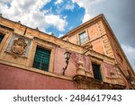 View of a part of the Episcopal Palace in Murcia, Spain, with its colorful, trompe-l