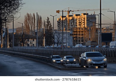 View of part of a large intersection with an underpass in front of Poduene station, Sofia, Bulgaria