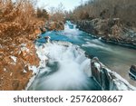 View of partially frozen Little Sister Falls from Great Falls Overlook Trailhead. Maryland. USA