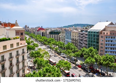 View of Paseo de Gracia street from top of Casa Mila house, Barcelona, Spain