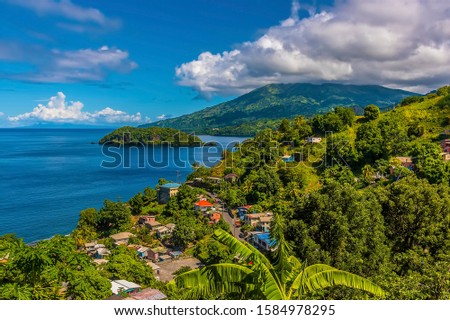 A view past a settlement towards Mount Soufriere in Saint Vincent