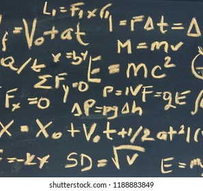 View of a pattern of mathematical and physical equations handwritten on a blackboard or a chalkboard. Toned image. Education, school or knowledge concept.
