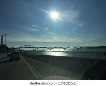 View Of The Peace Bridge Connecting The US And Canada As Seen By Driving Through Buffalo