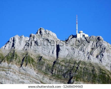 View to the peak Säntis (Santis or Saentis) in the mountain mass Alpstein - Canton of Appenzell Innerrhoden, Switzerland