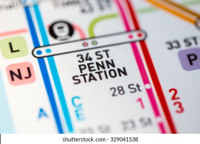 View of Penn Station on the Seventh Avenue Line, a subway service in NYC. (custom map)