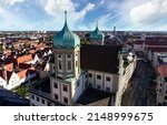 View from the Perlach tower over the historic Rathaus built by Elias Holl in Augsburg, the famous Fugger town in southern Bavaria, Germany, Europe