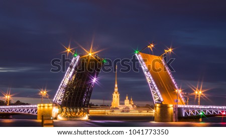 View Peter and Paul church on Palace bridge from night Sankt-Peterburg Russia