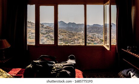 View Of Petra From Hotel Room With Travel Bag