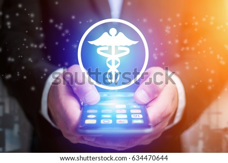 View of a Pharmacy icon going out a smartphone interface of a businessman - business concept