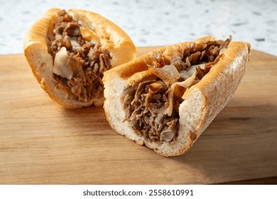 A view of a Philly cheesesteak sandwich.