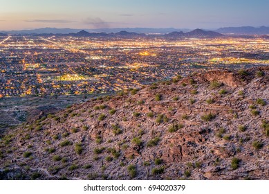 A View Of Phoenix, Arizona From South Mountain After Sunset.