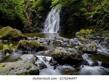 A view of the picturesque Gleno Waterfall in the Glens of Antrim near Larne - Shutterstock ID 2176246497