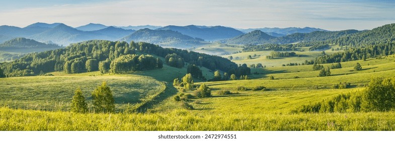 View of a picturesque valley in the morning light, fog, meadows and morning light, spring rural landscape - Powered by Shutterstock