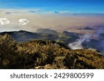 View of the picturesque volcanic landscape taken from the top of Little Meru (3820 m), during the acclimatisation walk from Saddle Hut (Arusha National Park, Tanzania)