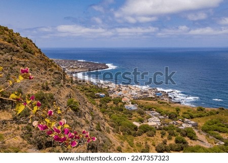 View of the picturesquely situated Mosteiros on the coast of Fogo Island, Cape Verde Islands