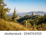 View of Pietrarubbia castle in Montefeltro, part of the Italian Marches region near Pesaro and Urbino, in the Carpegna district.