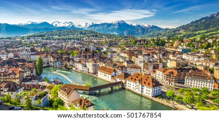 View to Pilatus mountain and historic city center of Luzern, Switzerland.