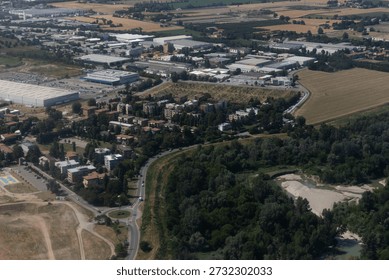 View from the plane of Amazon and Fedex warehouse, Bologna, Italy
