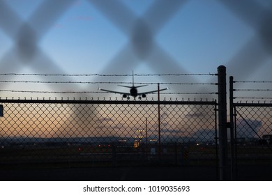 View Of The Plane Landing In The Evening