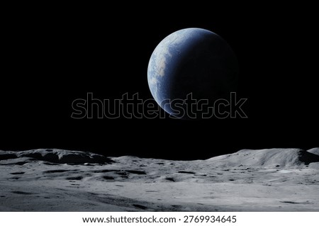 A view of planet Earth from the cratered surface of the moon. Conceptual astronomical scene illustrating space exploration, science, and humanity’s vision of the future in outer space.  Elements of this image furnished by NASA. 