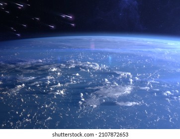 View of planet Earth and meteor shower. Meteor rain and Earth. Quadrantids, Lyrids, Eta Aquariids, Aquariids, Perseids, Orionids, Leonids, Geminids.  Elements of this image furnished by NASA.