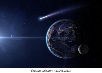 View of planet Earth, Moon and comet from space. Beautiful space background with planet Earth, Moon and flying comet. Elements of this image furnished by NASA. - Shutterstock ID 2104310219