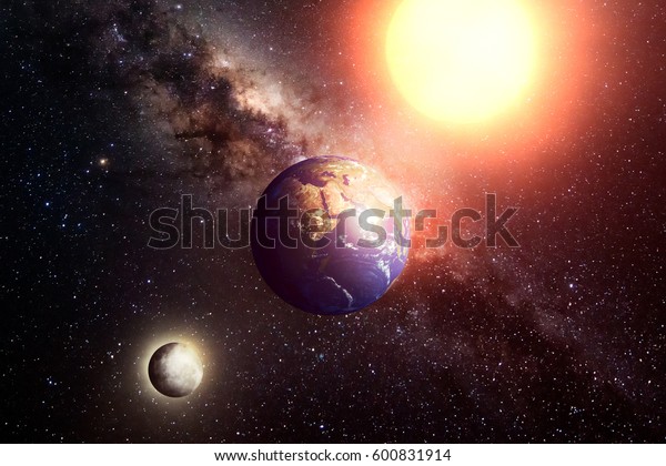 View of planet earth, moon and sun.  Background of
cosmos with milkyway and shining star. Elements of this image are
furnished by NASA