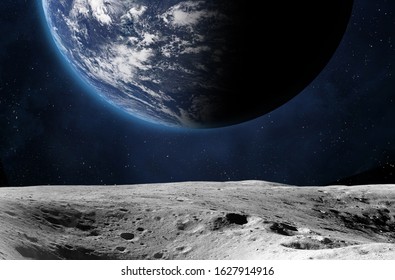 View of planet Earth from the Moon surface. Elements of this image are furnished by NASA - Shutterstock ID 1627914916