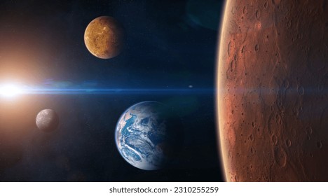 View of the planet Mars from space. Solar system planets: Mars, Earth, Venus, Mercury. Terrestrial planets. Beautiful sci-fi wallpaper. Elements of this image furnished by NASA. 