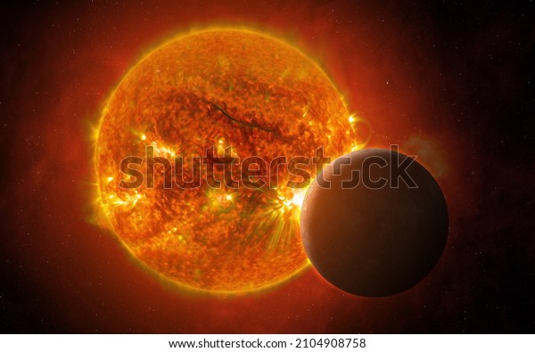 View of the planet Mercury and\
Sun from space. Mercury - solar system planet. Terrestrial planets.\
Sci-fi background. Elements of this image furnished by NASA.\
