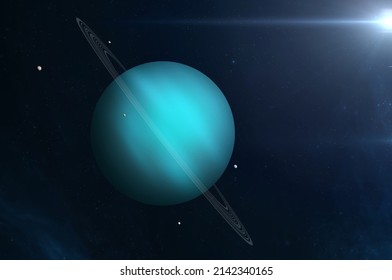 View of planet Uranus from space.   Uranus - ice giant planet, thirteen rings and the five main satellites are Miranda, Ariel, Umbriel, Titania, and Oberon. This image elements furnished by NASA. - Powered by Shutterstock