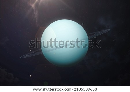 View of planet Uranus from space. Uranus - ice giant planet, thirteen rings and the five major moons are Miranda, Ariel, Umbriel, Titania, and Oberon. This image elements furnished by NASA.