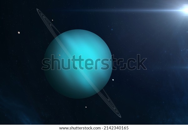 View of planet Uranus from space.   Uranus - ice\
giant planet, thirteen rings and the five main satellites are\
Miranda, Ariel, Umbriel, Titania, and Oberon. This image elements\
furnished by NASA.