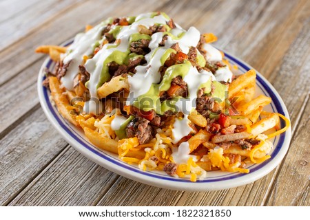 A view of a plate of carne asada french fries.