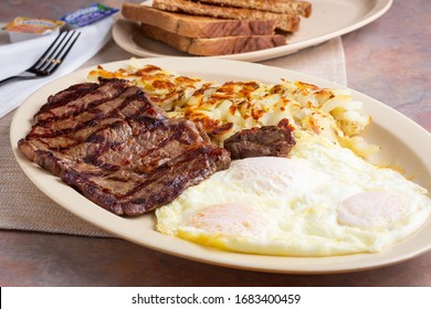 A view of a plate of steak and eggs breakfast. - Powered by Shutterstock