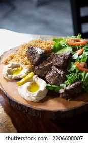 A View Of A Platter Of Beef Shish Kabob.