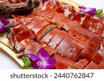 A view of a platter of Chinese whole roast pig.