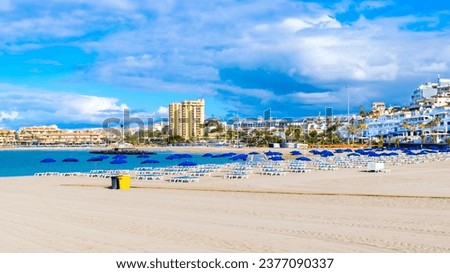 View of Playa de Las Vistas beach and town of Playa de las Américas in the background, Tenerife, Canary Island, Spain