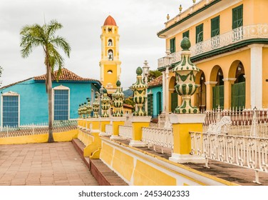 A view from Plaza Major towards the bell tower of the Convent of San Francisco, Trinidad, UNESCO World Heritage Site, Cuba, West Indies, Caribbean, Central America