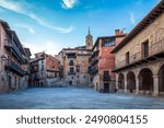 View of the Plaza Mayor of Albarracín, Teruel, Aragon, Spain, with medieval buildings in evening light