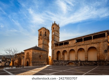 View of the Plaza Monumental de Alcaraz, Albacete, Castilla la Mancha, Spain, with the Torre del Tardon and the church as protagonists