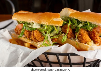 A view of a Po' Boy Sandwich, in a restaurant or kitchen setting.