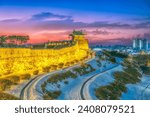 View point during sunset. Landscape of
Hwaseong Fortress is a UNESCO World Heritage Site. Snow-covered winter Suwon Hwaseong Fortress in Suwon Gyeonggi-do, South Korea